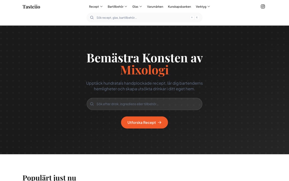 Startsidan på drinkwebbplatsen Tasteiio